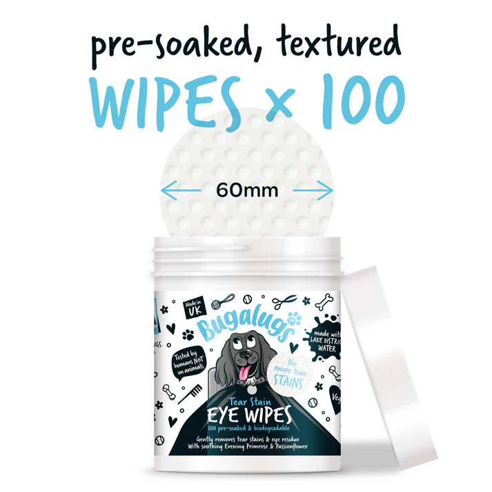 Bugalugs Tear Stain Eye Wipes for Dogs 100 Pre-soaked & Biodegradable Wipes