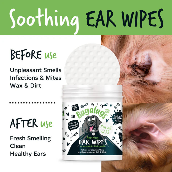 Bugalugs Soothing Ear Wipes for Dogs 100 Pre-soaked & Biodegradable Wipes