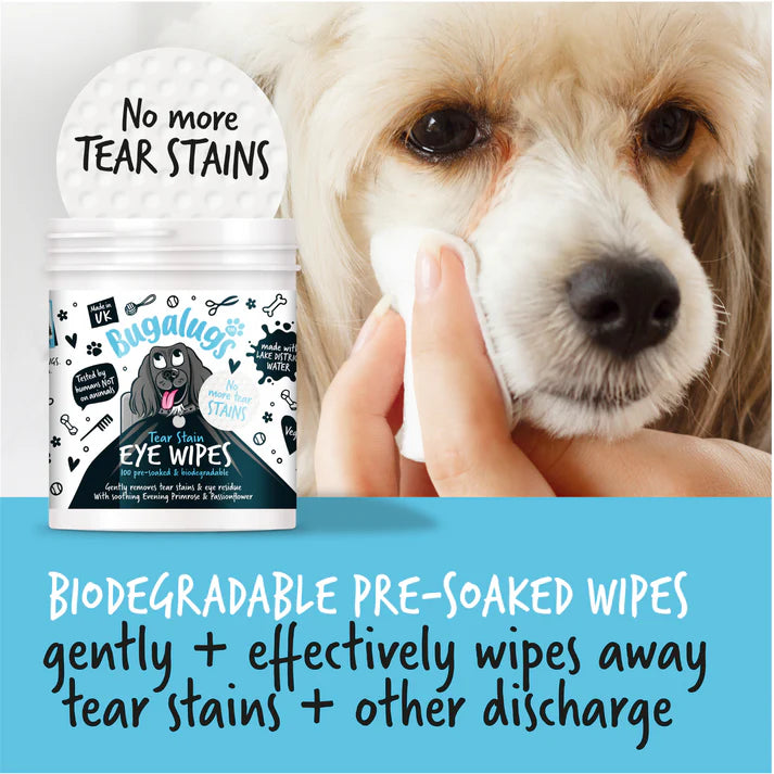 Bugalugs Tear Stain Eye Wipes for Dogs 100 Pre-soaked & Biodegradable Wipes
